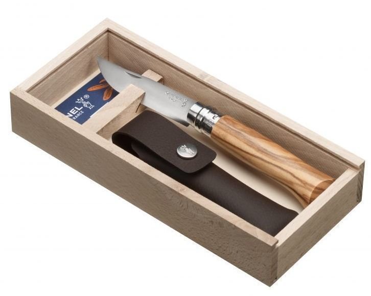 OPINEL VRi N°08 Inox Folding Knife, Olive Handle with Sheath and Wooden Box