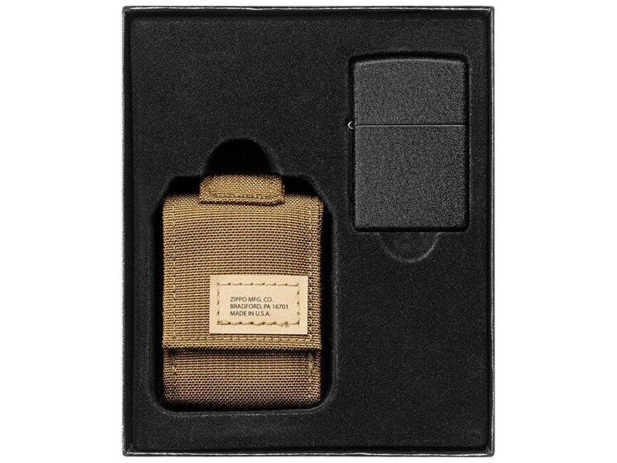 Zippo Black Crackle Lighter with Brown Tactical Pouch Set