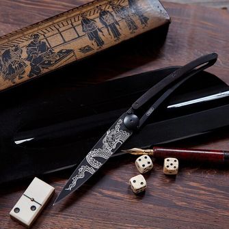 Deejo closing knife Black Tattoo Ebony Wood Japanese Dragon