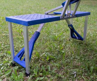 Folding camping table with benches, blue