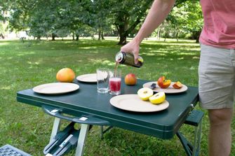 Folding camping table with benches, green