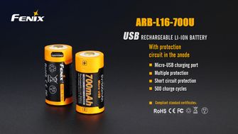 Fenix ​​USB charging battery RCR123A 700 mAh, Li-ion