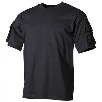 MFH US Black T -shirt with Velcro Pockets on Sleeves, 170g/M2